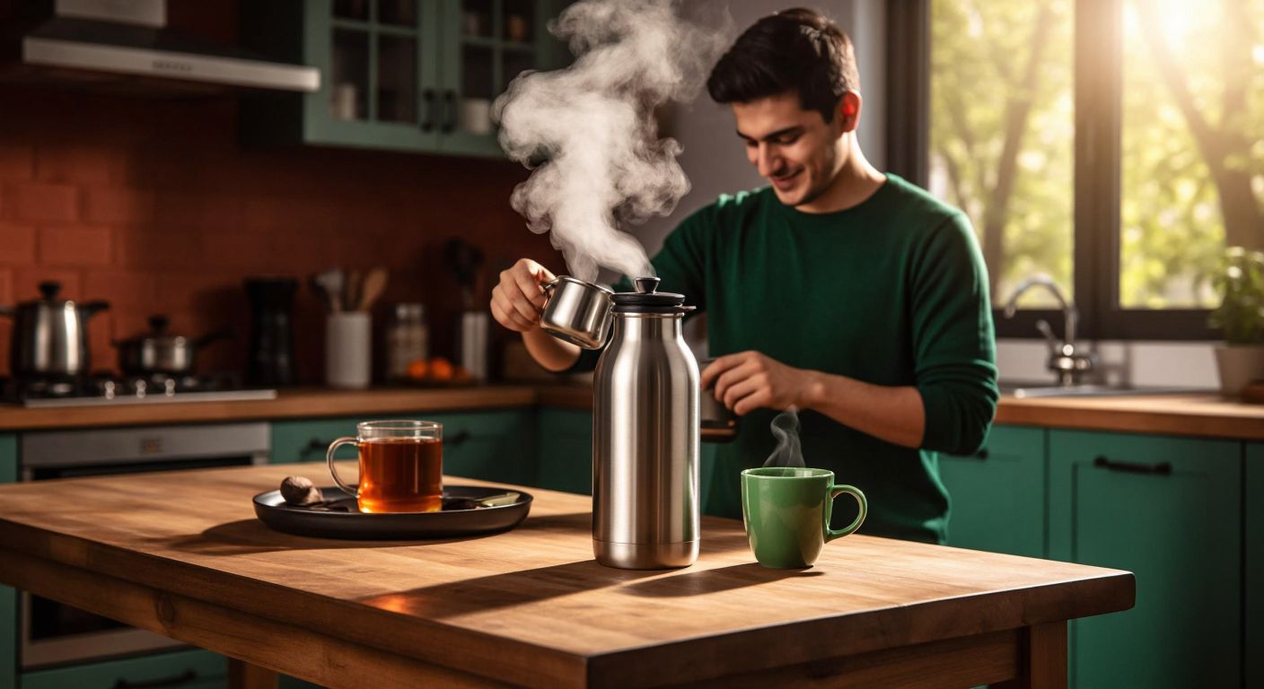 A sturdy stainless steel thermos set with a green cup sits on a wooden table in a cozy Turkish kitchen, steam rising from the thermos to indicate warmth, while a person in casual attire pours hot tea with a relaxed, satisfied expression.