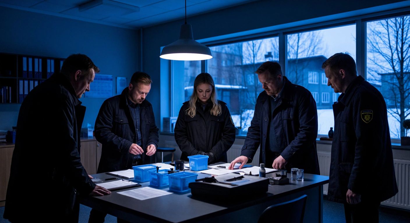 A dimly lit Swedish police station with detectives examining DNA samples under blue light, their faces tense with determination, while a snowy landscape is visible through the window.