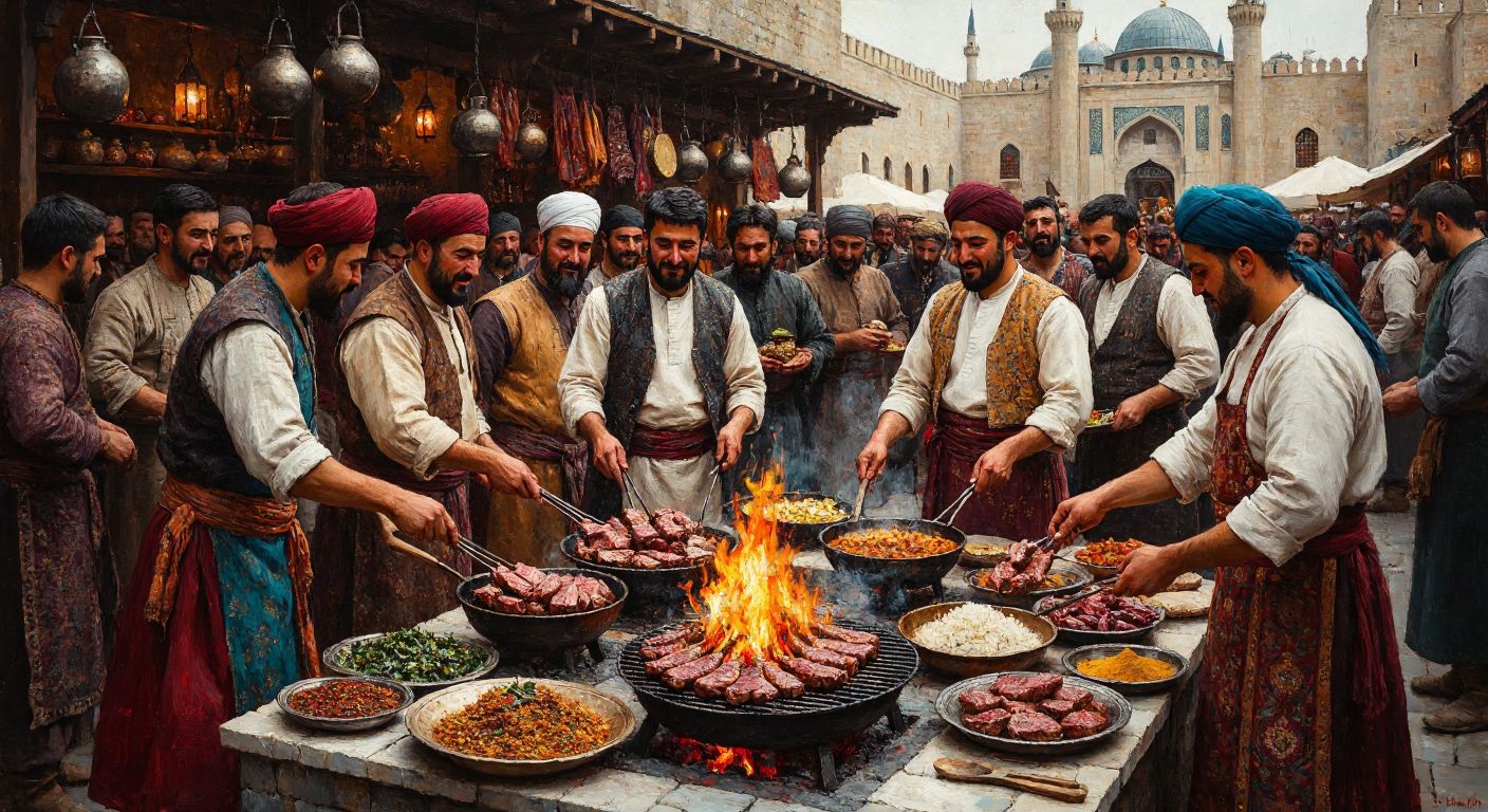 A vibrant mosaic of Central Asian nomads grilling meat over an open fire, Seljuk traders sharing spices in a bustling Anatolian market, and Ottoman chefs preparing lavish dishes in a grand palace kitchen, all blending into a rich tapestry of Turkish culinary heritage.