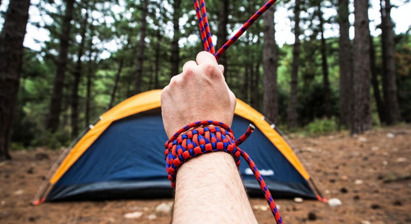 A rugged outdoor enthusiast in Turkey, wearing a colorful paracord bracelet, uses its unraveled strands to secure a tent in a forest clearing.