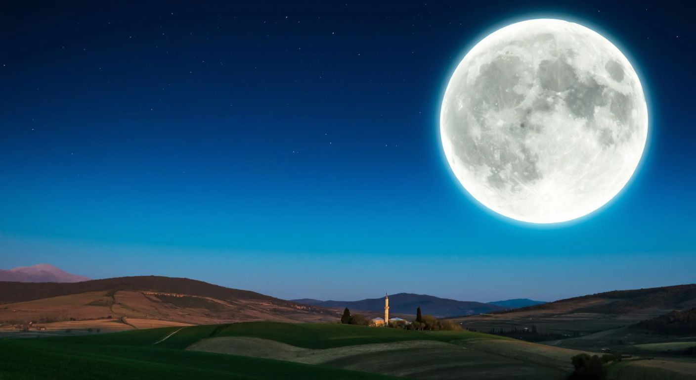 A serene night sky over a Turkish landscape, with a large, glowing full moon casting a soft blue hue over rolling hills and a silhouetted minaret in the distance.