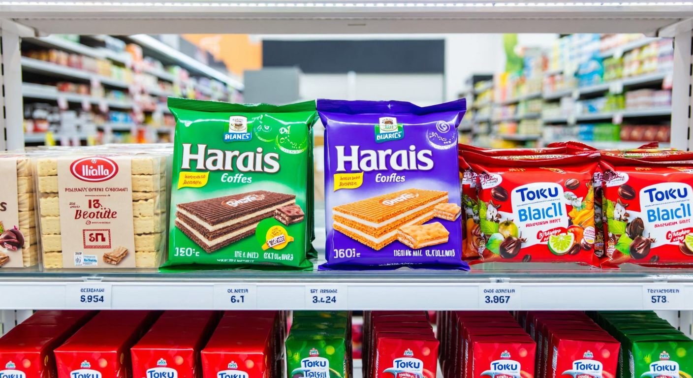 A vibrant Turkish supermarket shelf displaying two distinct packages—one with Harras-labeled gofret in simple packaging and another with Torku's colorful, varied-flavor wrappers—amidst shoppers comparing them curiously.