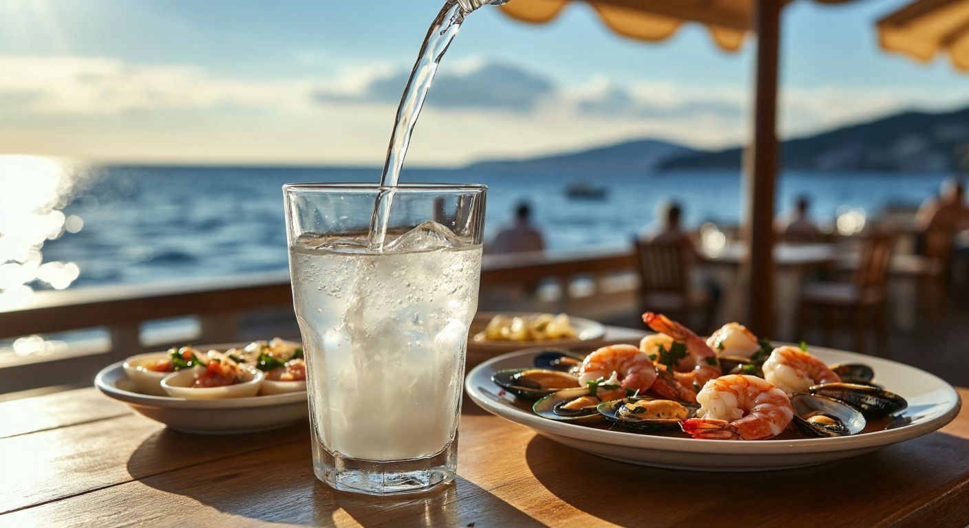 A clear glass of uzo with a swirling cloud of milky white as cold water is poured in, set on a sunlit wooden table beside a plate of fresh seafood meze.