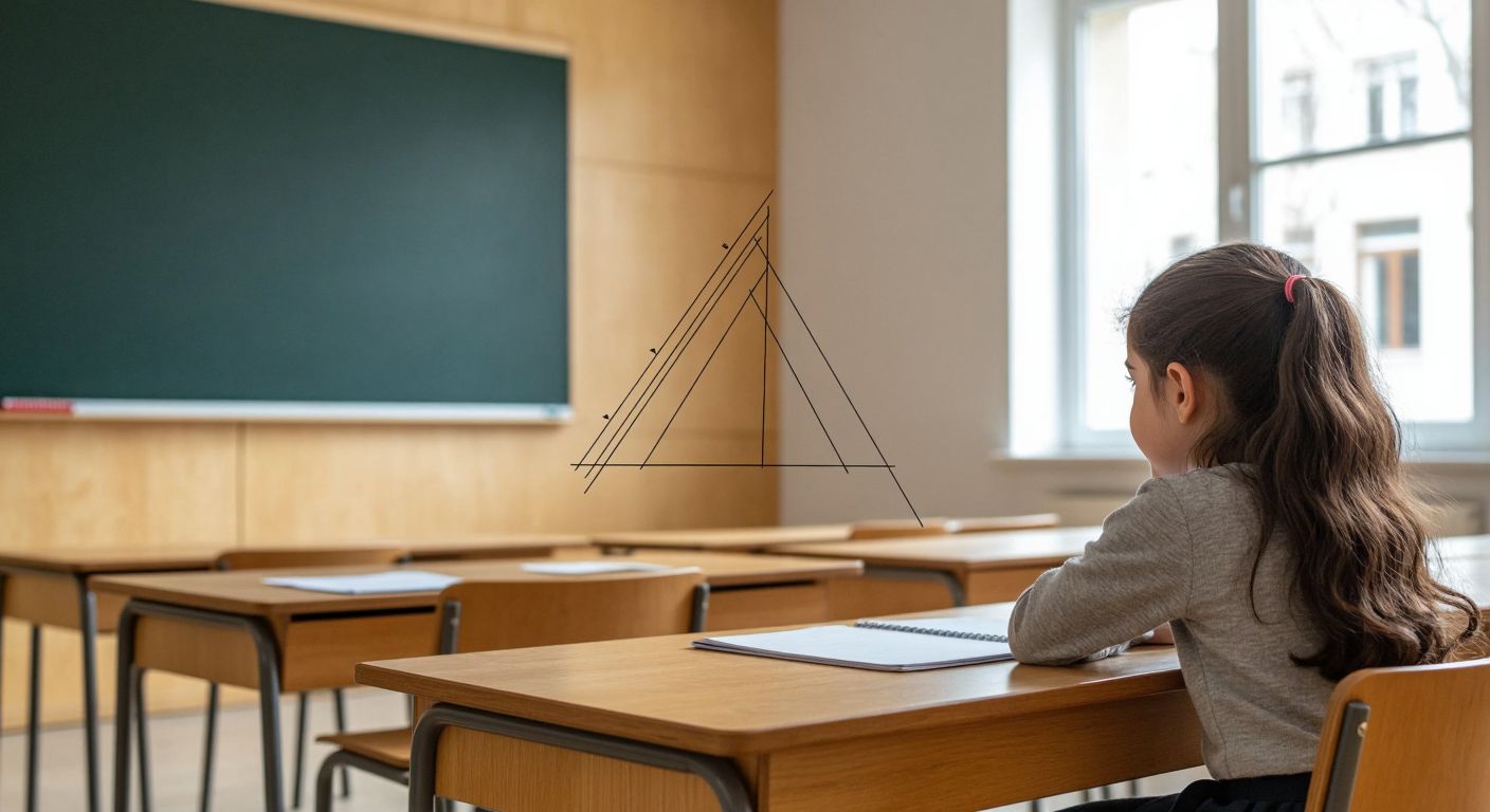 A wooden desk with a geometric diagram of a parallelogram, where a dashed perpendicular line representing height connects the base to the opposite side, while a student in a Turkish classroom observes with curiosity.