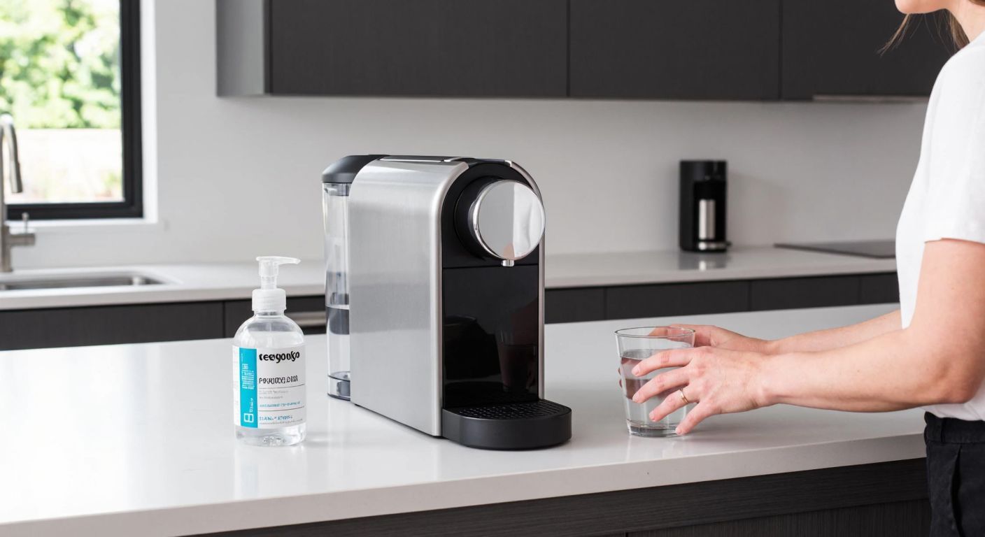 A sleek silver Nespresso Gran Lattissima F541 machine sits on a clean kitchen counter, with a bottle of descaling solution and a glass of water beside it, while a person's hands carefully pour the solution into the water tank.