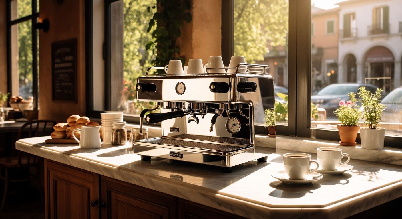 A sleek, chrome Faema espresso machine sits on a marble countertop in a sunlit Italian café, surrounded by steaming cups of rich coffee and a barista in a crisp white apron.