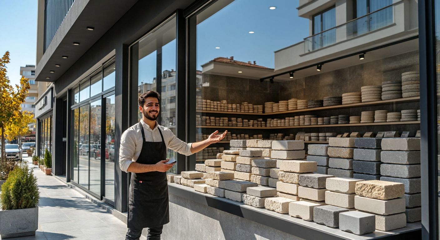 A modern storefront in Ankara with neatly stacked decorative stones and tiles displayed in the window, under a bright blue sky, with a smiling shopkeeper in a casual apron gesturing toward the products.