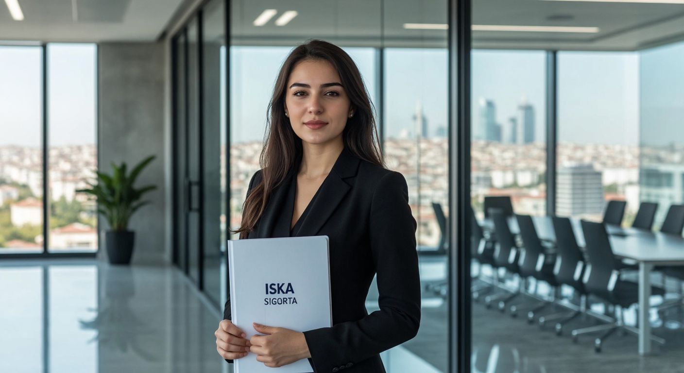 A confident Turkish woman in a professional blazer stands in a modern office with a glass-walled meeting room behind her, holding a folder labeled "İKSA SİGORTA" with a faint skyline of Istanbul visible through the window.