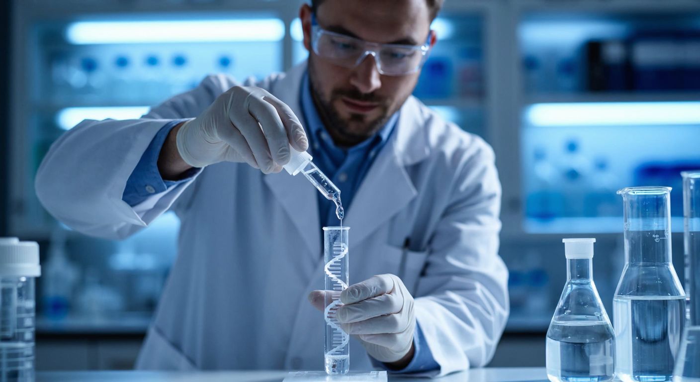 A scientist in a white lab coat carefully pours a clear salt solution into a test tube containing a viscous DNA sample, with a backdrop of laboratory glassware and a faint blue glow from a nearby centrifuge.