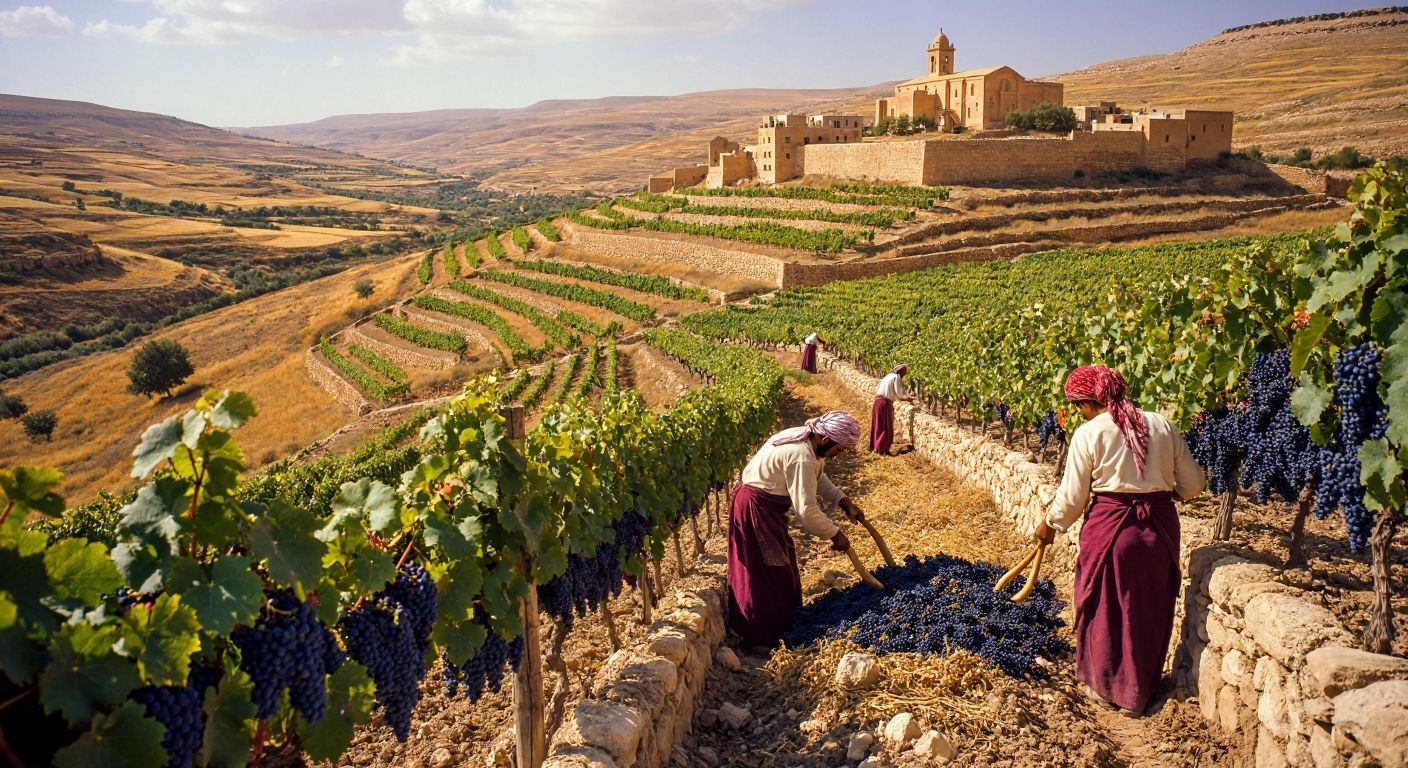 A sunlit vineyard in Midyat, Mardin, with terraced stone walls, where workers in traditional clothing harvest dark and light grapes by hand, while an ancient monastery (Deyrulzafaran) stands in the distant golden hills.
