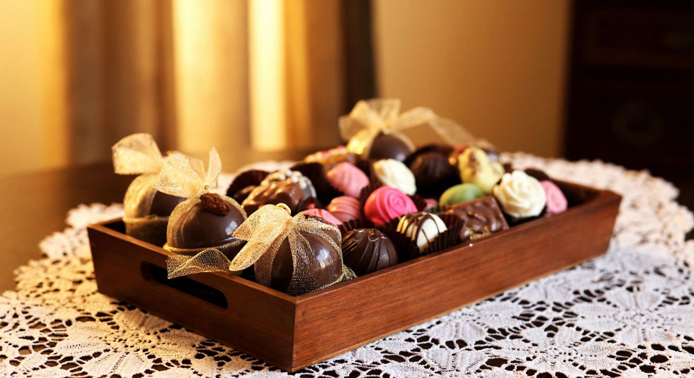 A polished wooden tray filled with assorted chocolates, adorned with delicate ribbons and beads, sits on a lace-covered table in a warmly lit Turkish home.