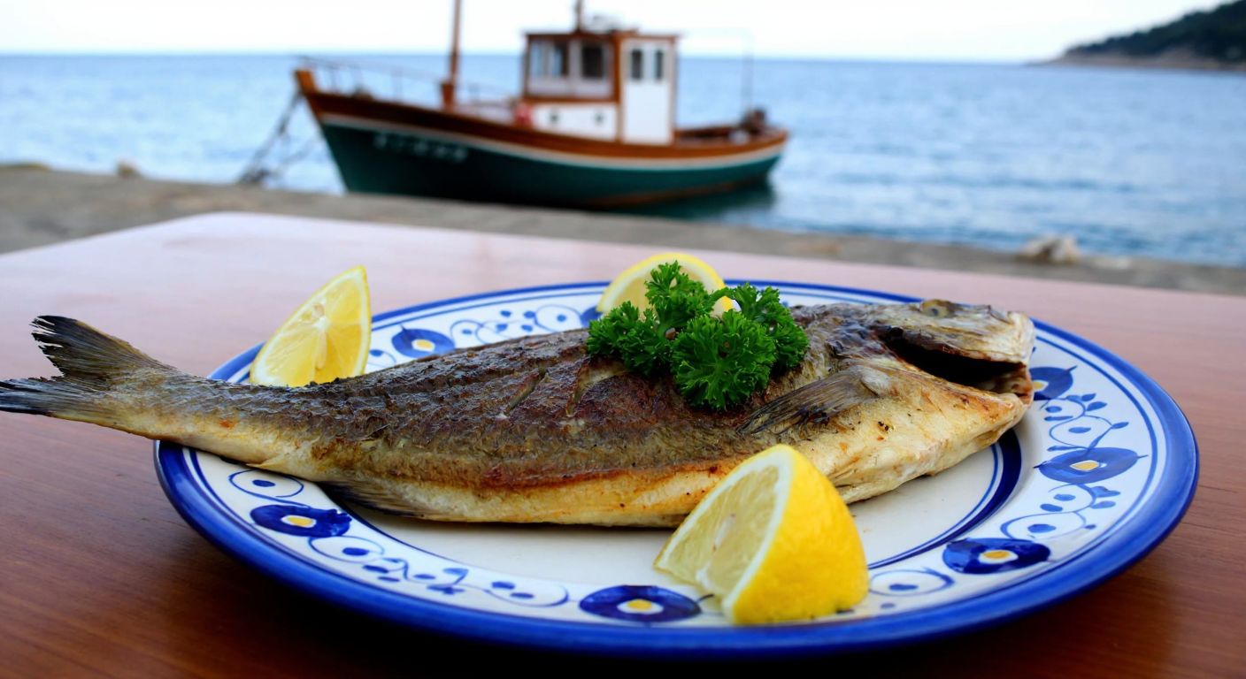 A freshly grilled pisi fish (turbot) on a traditional Turkish ceramic plate, garnished with lemon slices and parsley, placed on a wooden table by the seaside with a fishing boat in the background.