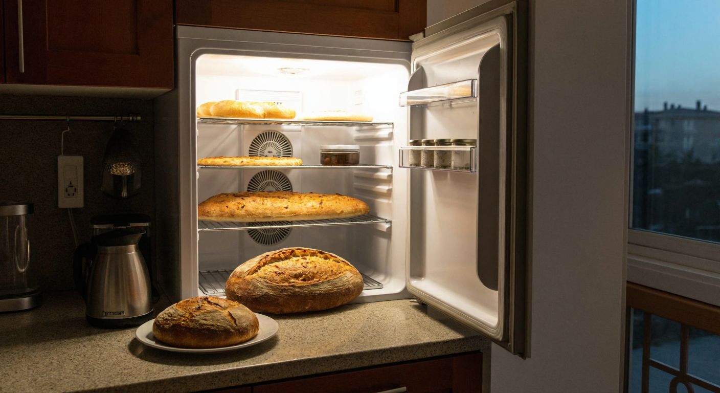 A Turkish kitchen counter with a freshly baked loaf of bread next to an open refrigerator, where a dry, stiff slice sits on a plate inside, surrounded by cool air.