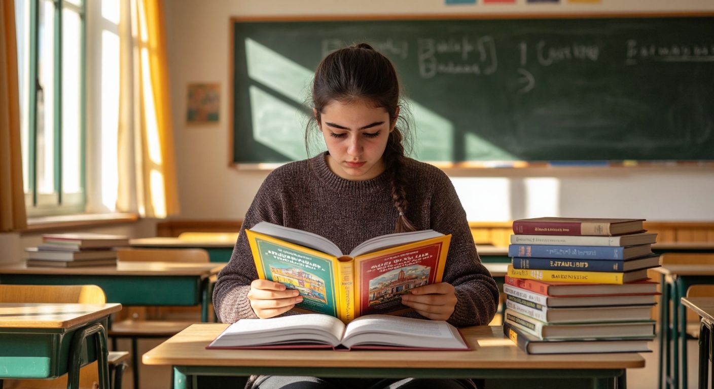 A Turkish high school student sits at a wooden desk, intently flipping through a colorful 11th-grade literature textbook, surrounded by stacked books with vibrant covers, in a sunlit classroom with a chalkboard in the background.