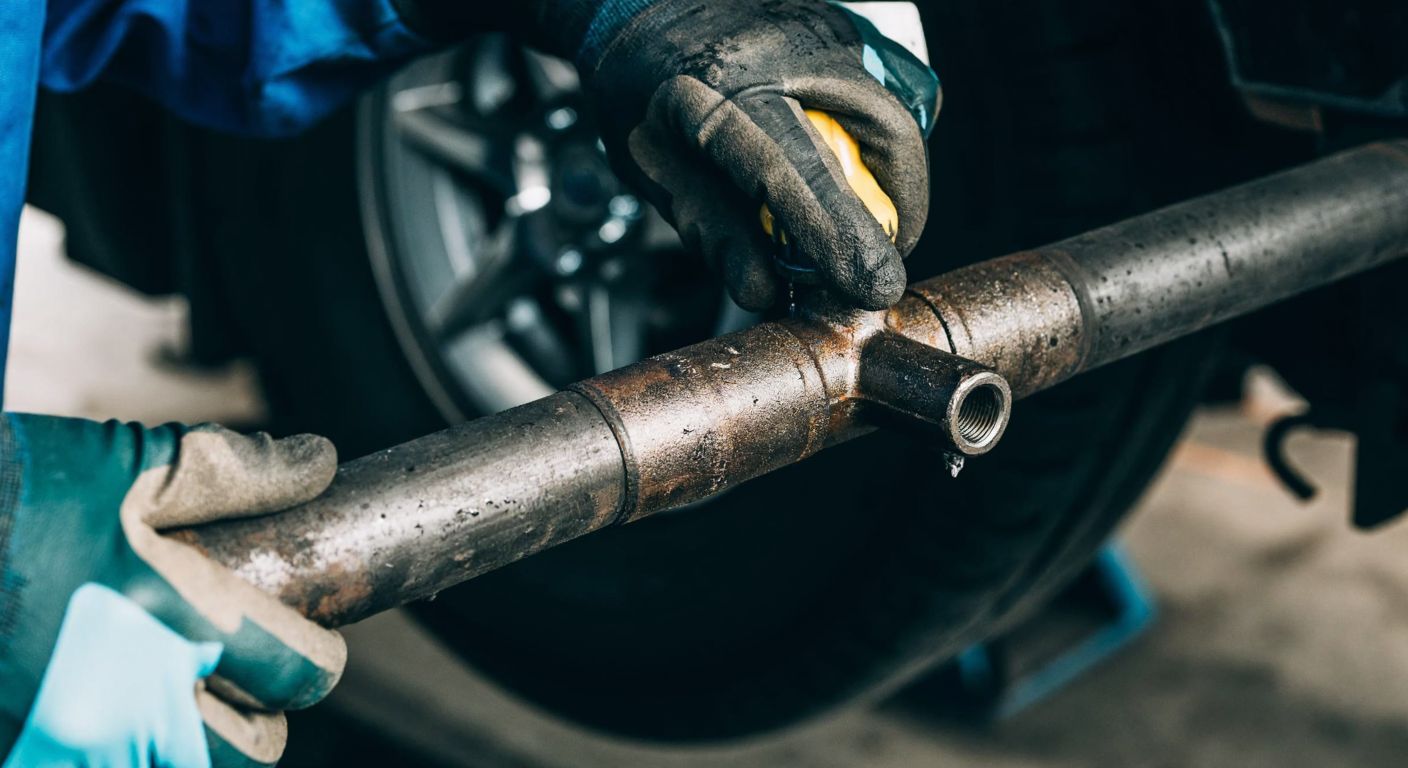 A close-up of a mechanic's gloved hands replacing a worn, slightly rusted T-shaped metal pipe in a dimly lit auto repair shop, with droplets of coolant glistening on the surface.