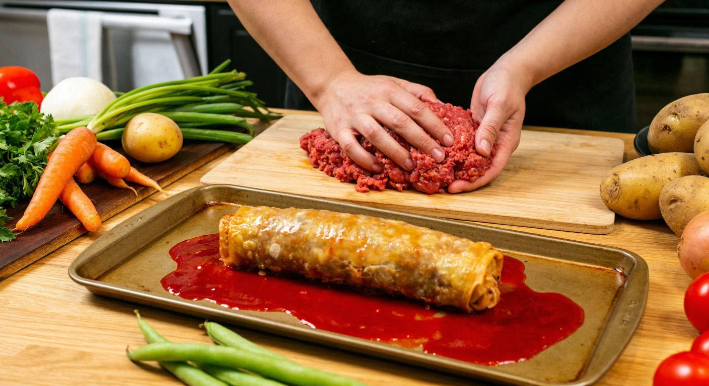 A warm Turkish kitchen scene with hands kneading seasoned ground meat on a wooden counter, surrounded by fresh vegetables like carrots, potatoes, and peas, and a golden-brown rolled köfte resting on a tray drizzled with glossy red sauce.