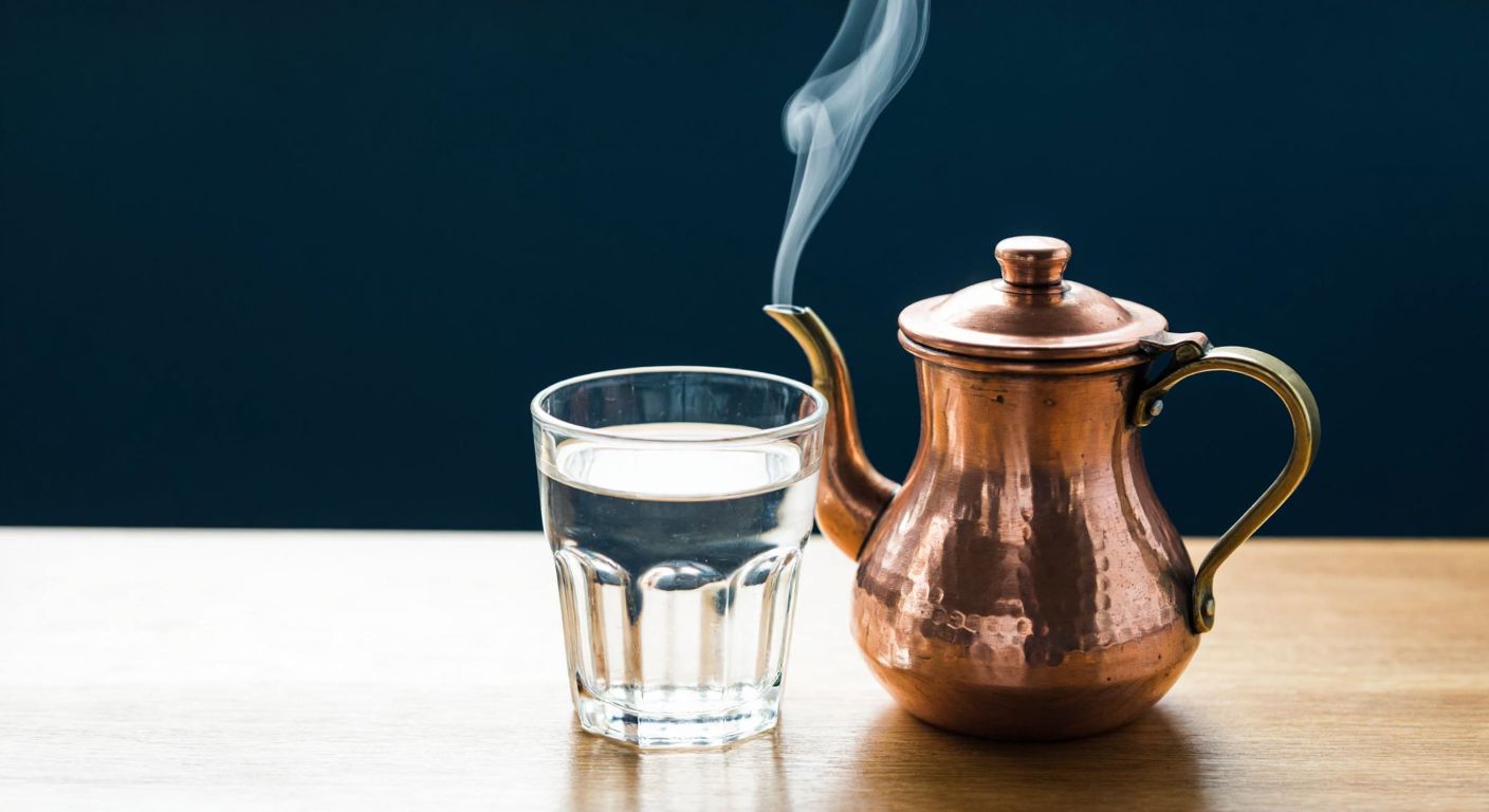 A small copper Turkish kettle sits on a wooden table next to a single glass cup filled with clear water, with steam gently rising from the spout.
