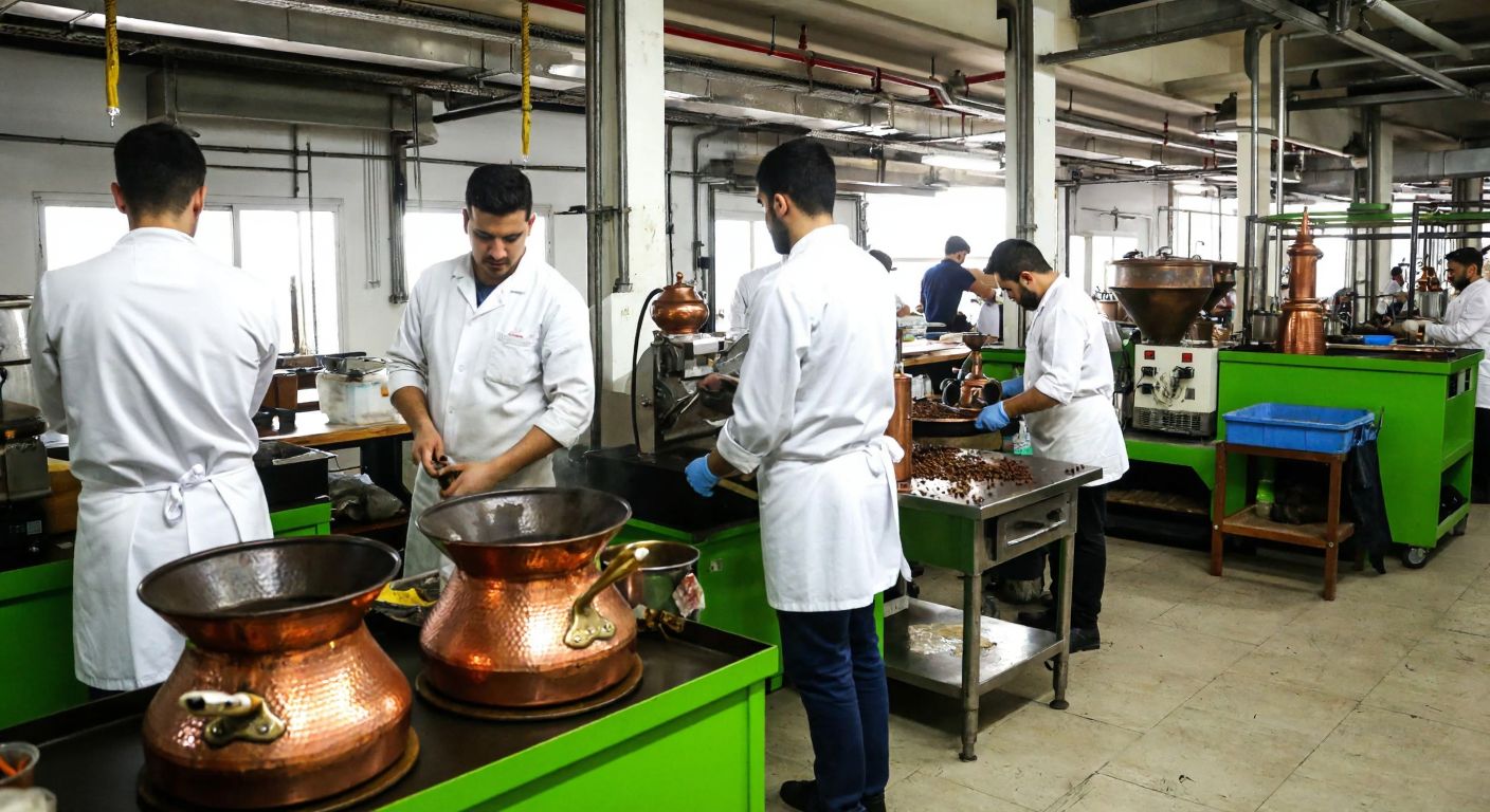 A bustling modern coffee production facility in İzmir, with workers in white uniforms carefully roasting and grinding aromatic coffee beans, surrounded by copper pots and traditional Turkish coffee sets.