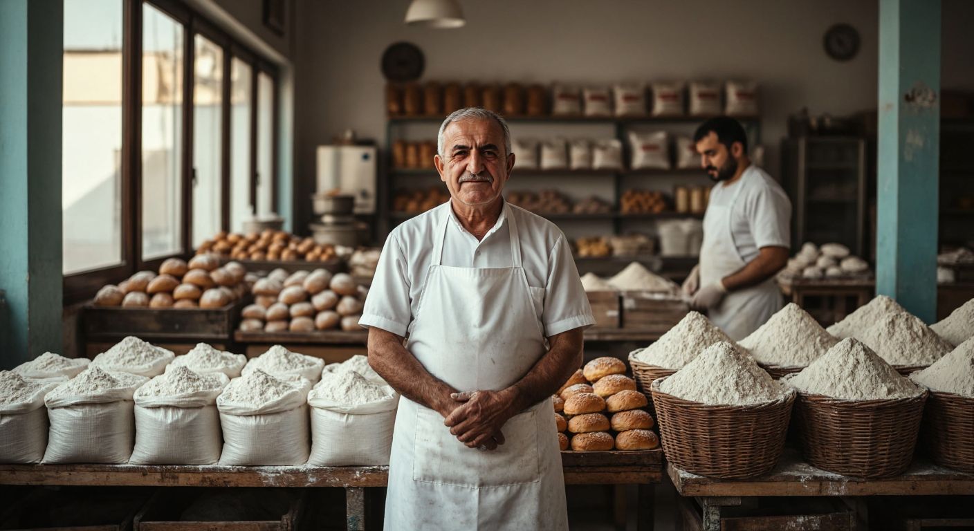 A dignified elderly Turkish man in a crisp white apron stands proudly in front of a bustling food factory in Manisa, surrounded by sacks of flour and the warm aroma of freshly baked goods.