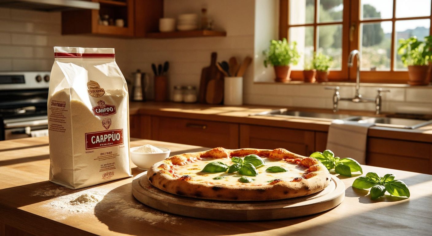 A wooden table in a sunlit Italian kitchen holds a freshly opened bag of finely ground Caputo tipo 00 flour next to a golden, bubbling pizza topped with melted cheese and fresh basil.