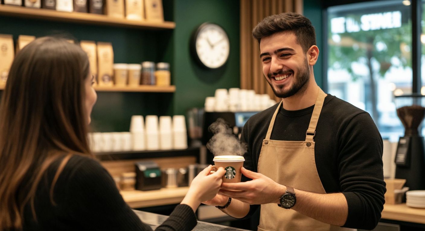 A smiling barista at a Starbucks counter in Turkey hands a steaming cup of coffee to a delighted customer, with a clock subtly visible in the background marking the 30-minute window.