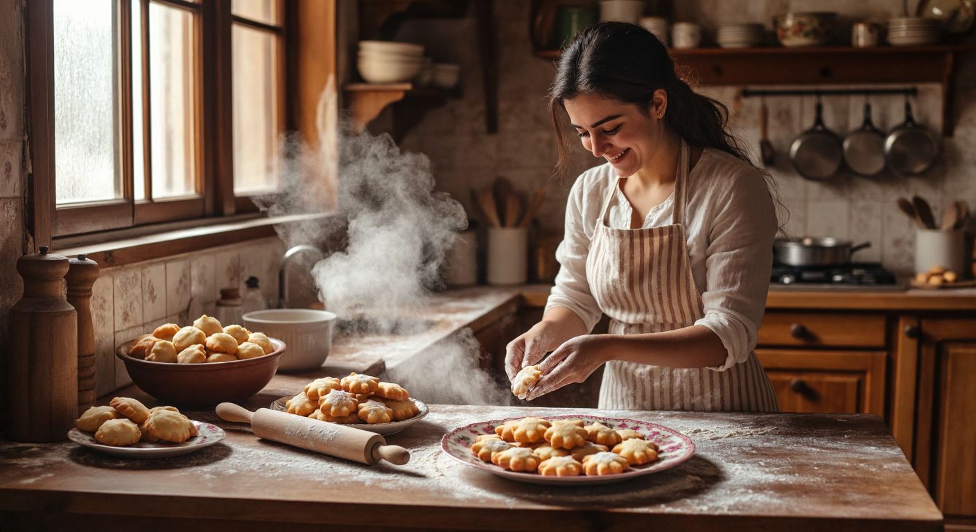 A warm Turkish kitchen with a wooden countertop scattered with flour, a rolling pin, and golden-brown egg-free cookies shaped like stars and crescents, steaming slightly as a smiling woman in an apron places them on a floral-patterned plate.