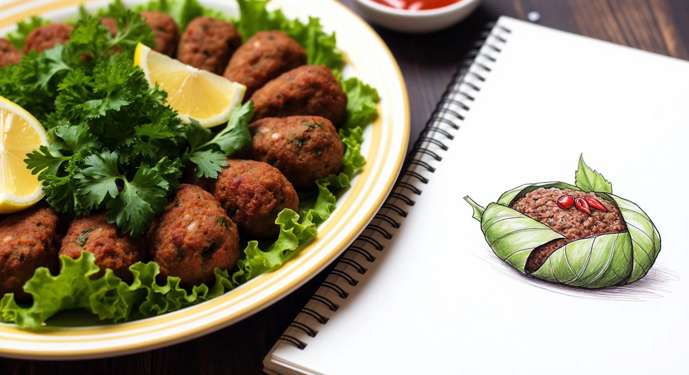 A vibrant Turkish çiğ köfte dish with fresh parsley and lemon slices, placed beside a sketchpad with pencil-drawn logo concepts of a stylized meatball wrapped in vine leaves.