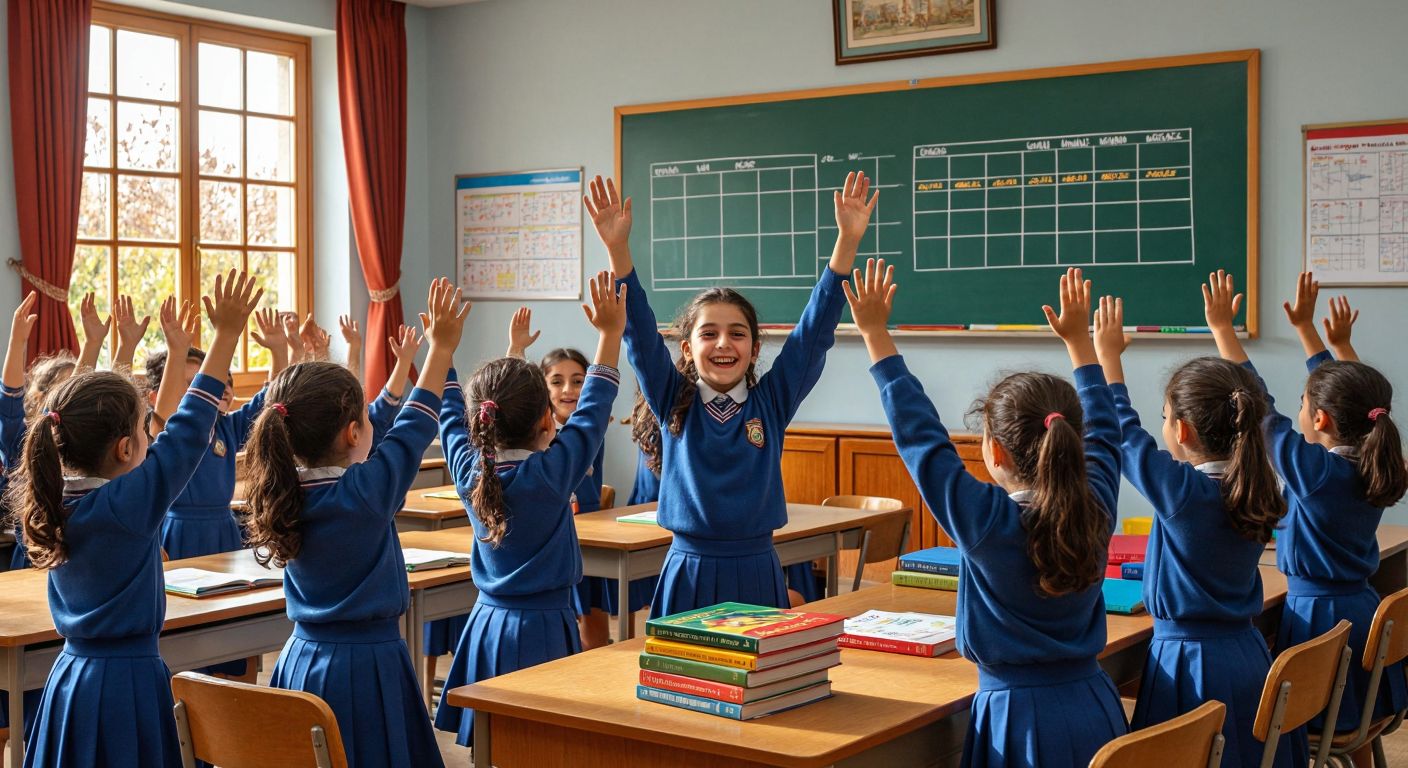 A cheerful Turkish classroom with students in blue uniforms raising their hands eagerly, a teacher pointing to a colorful weekly schedule on the board, and a stack of social studies textbooks on a wooden desk.