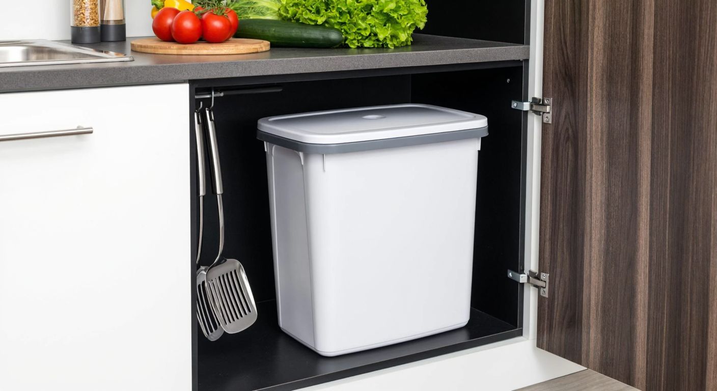 A sleek, white plastic trash bin with a sturdy lid is neatly mounted inside a modern Turkish kitchen cabinet, surrounded by organized cooking utensils and fresh ingredients like tomatoes and herbs.