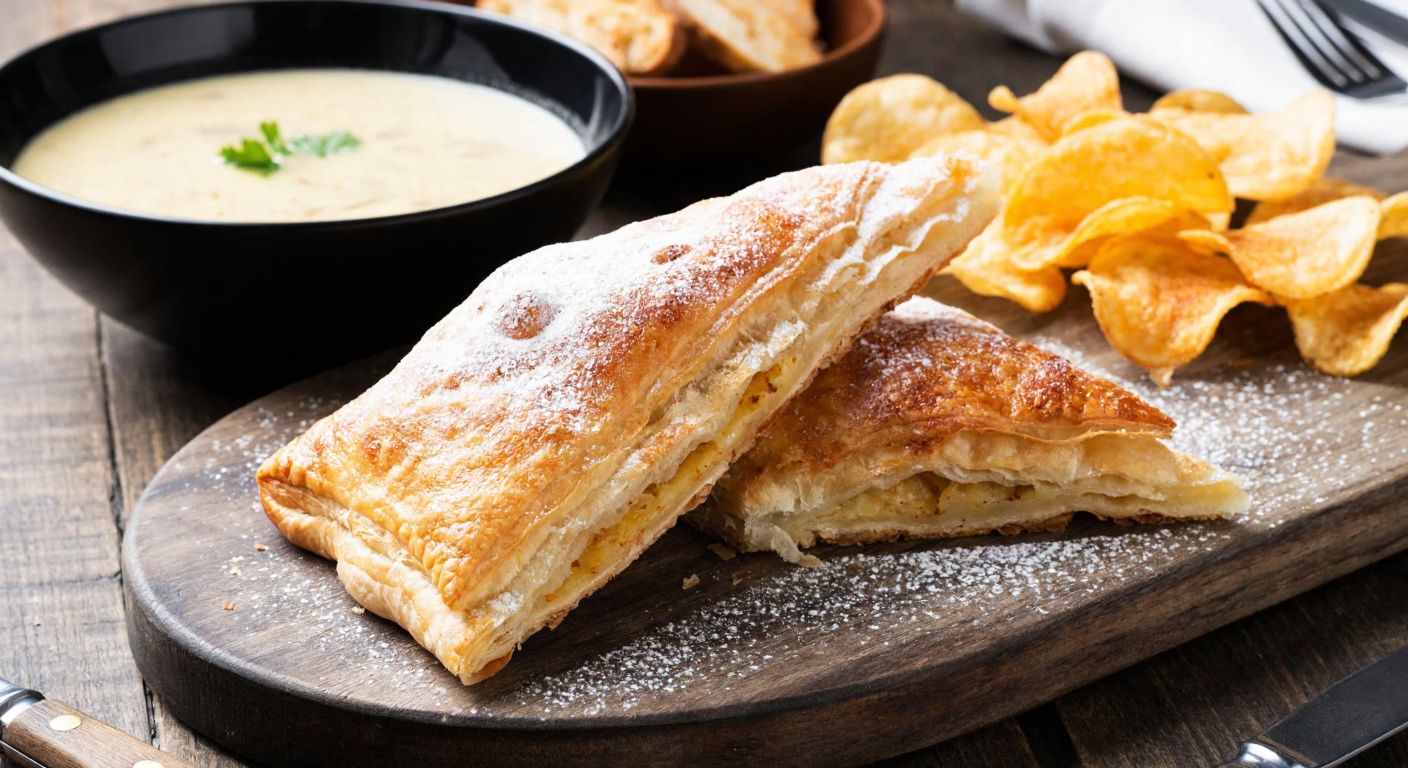 A golden-brown börek fresh from the oven, dusted with powdered cheese aroma, sits on a rustic wooden table beside a bowl of creamy soup and a plate of crispy cips, evoking warmth and savory richness.