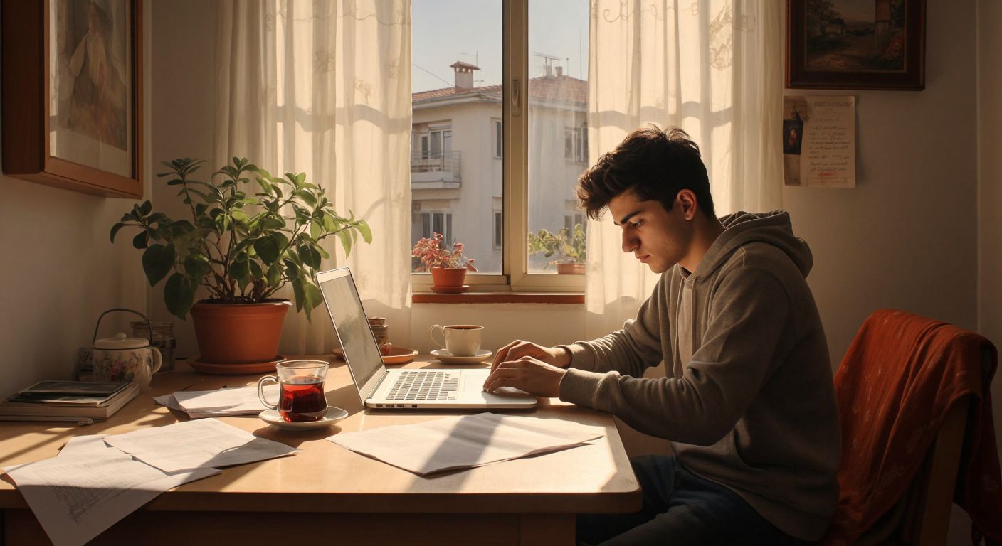 A focused young student in a modest home setting in Gaziantep, sitting at a wooden desk with a laptop open, surrounded by scattered notes and a steaming cup of Turkish tea, while sunlight filters through sheer curtains.