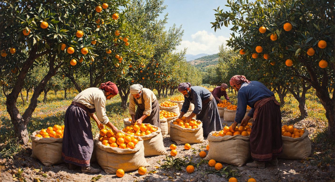A sunlit orange grove in Turkey, with farmers in traditional attire carefully filling burlap sacks with freshly harvested oranges during late autumn.