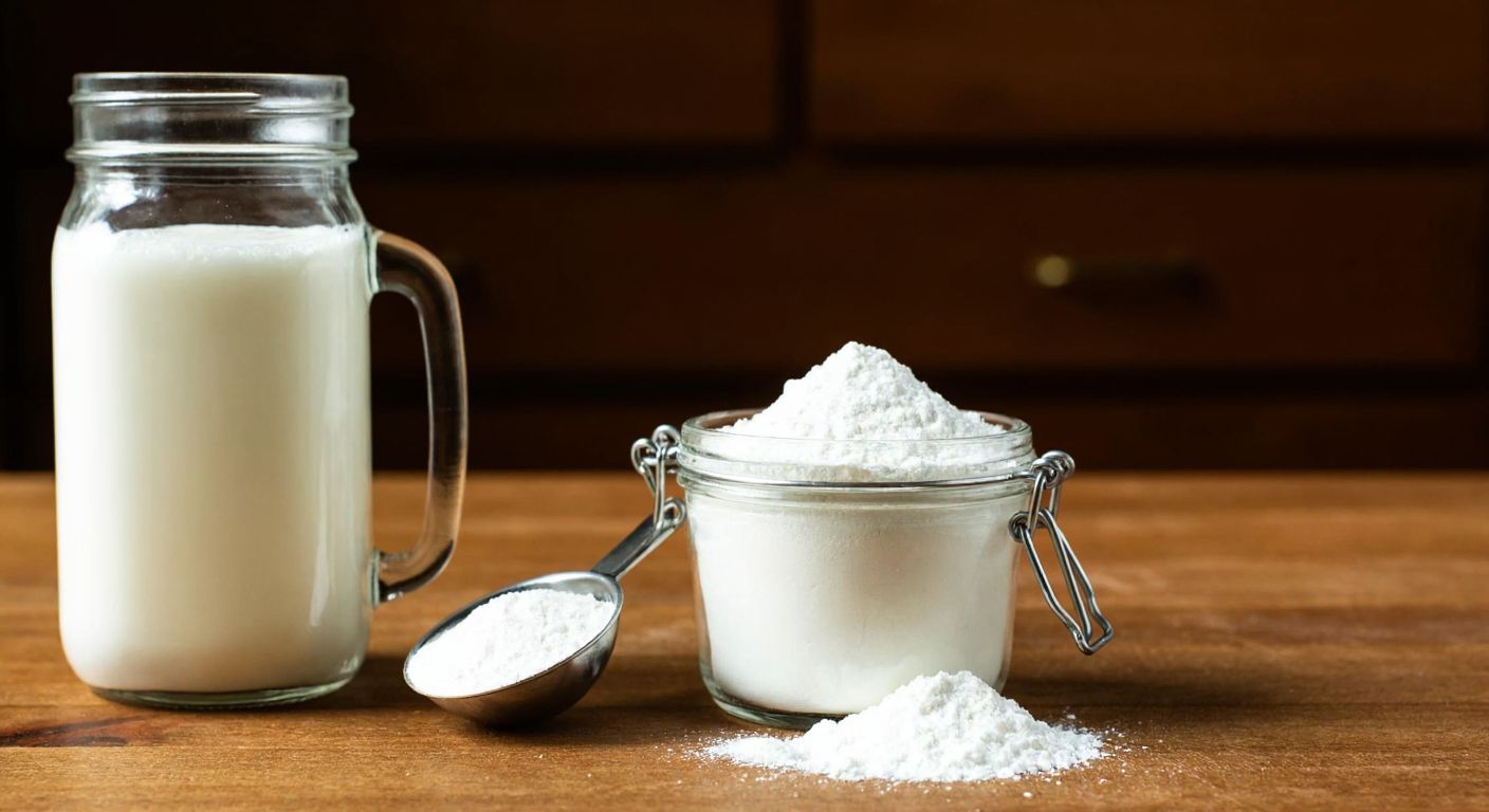 A glass jar filled with fine white milk powder sits on a wooden table in a Turkish kitchen, with a small measuring scoop resting beside it, conveying nutrition and simplicity.