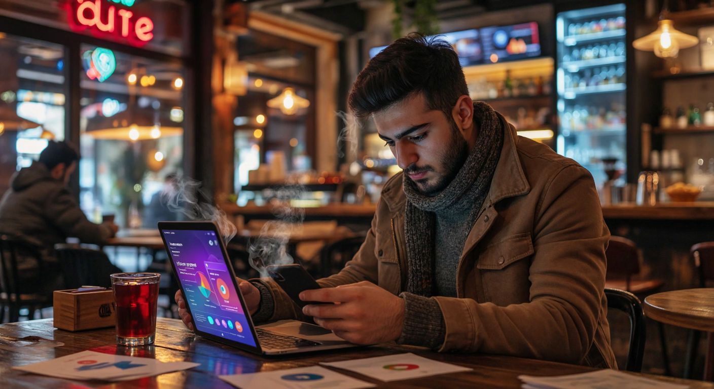 A young Turkish entrepreneur in a modern café, intently scrolling through a smartphone with a laptop open displaying colorful social media graphs, surrounded by steaming çay and scattered notes.