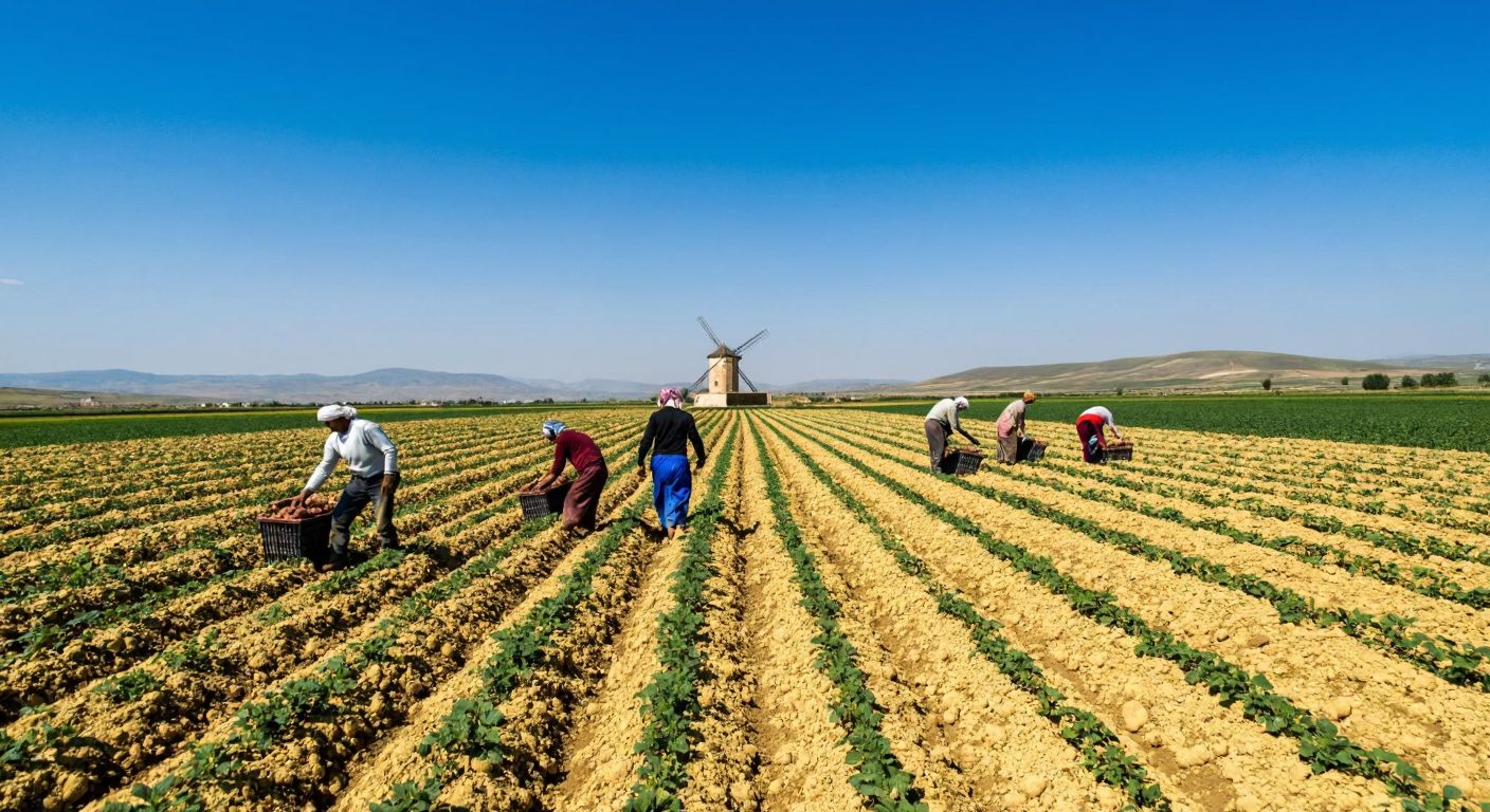 A vast golden potato field under a clear blue sky in Turkey's Central Anatolia region, with farmers in traditional clothing harvesting Colombo potatoes, while a distant windmill hints at the variety's Dutch origins.