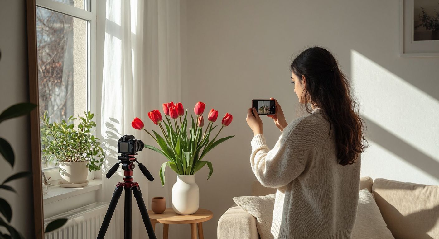 A young Turkish person in a cozy, sunlit living room adjusts a tripod-mounted camera while arranging a vase of vibrant red tulips against a minimalist white backdrop, capturing the reflection in a nearby mirror.