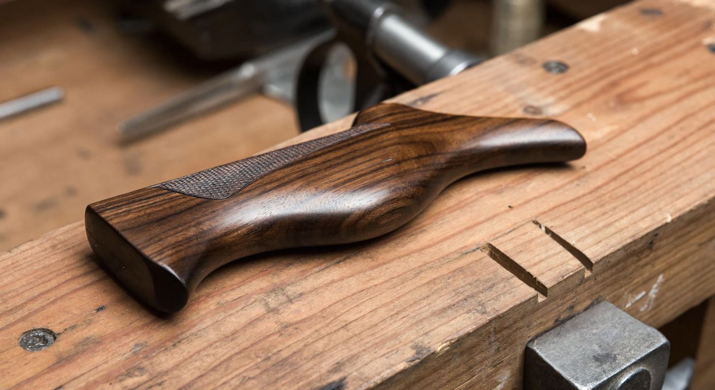 A polished walnut wood pistol grip with deep brown grain patterns, resting on a rustic wooden workbench in a Turkish gunsmith's workshop.