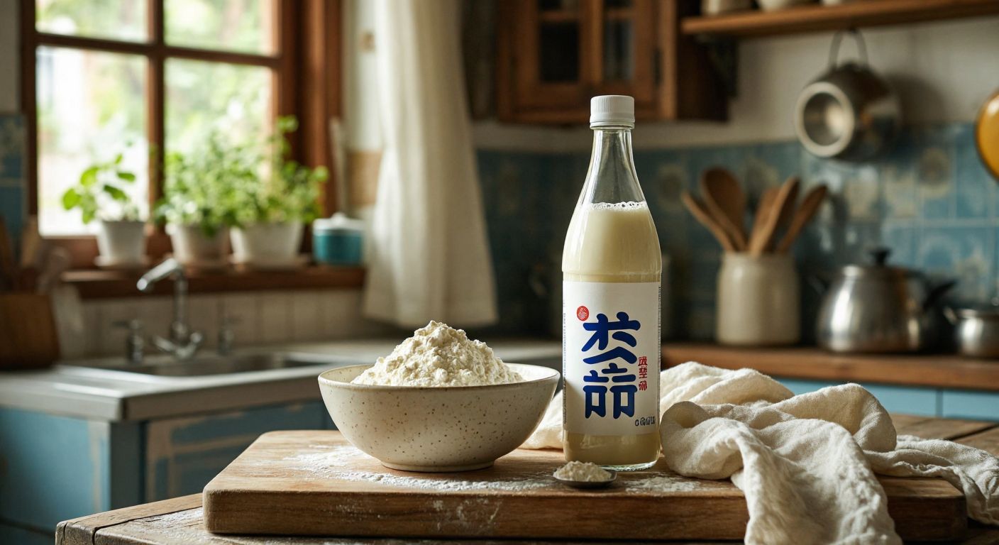A rustic Turkish kitchen counter holds a bowl of fresh, cloudy whey next to a sleek bottle of Japanese Calpis, with a cheesecloth draped nearby.