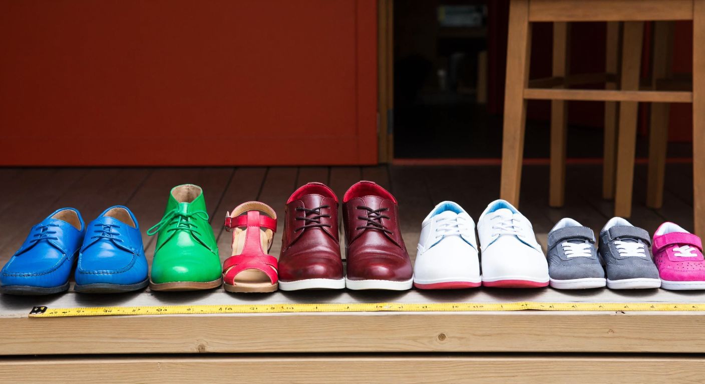A row of colorful shoes in various sizes—men's dress shoes, women's sandals, and children's sneakers—neatly arranged on a wooden bench with a measuring tape draped over them.