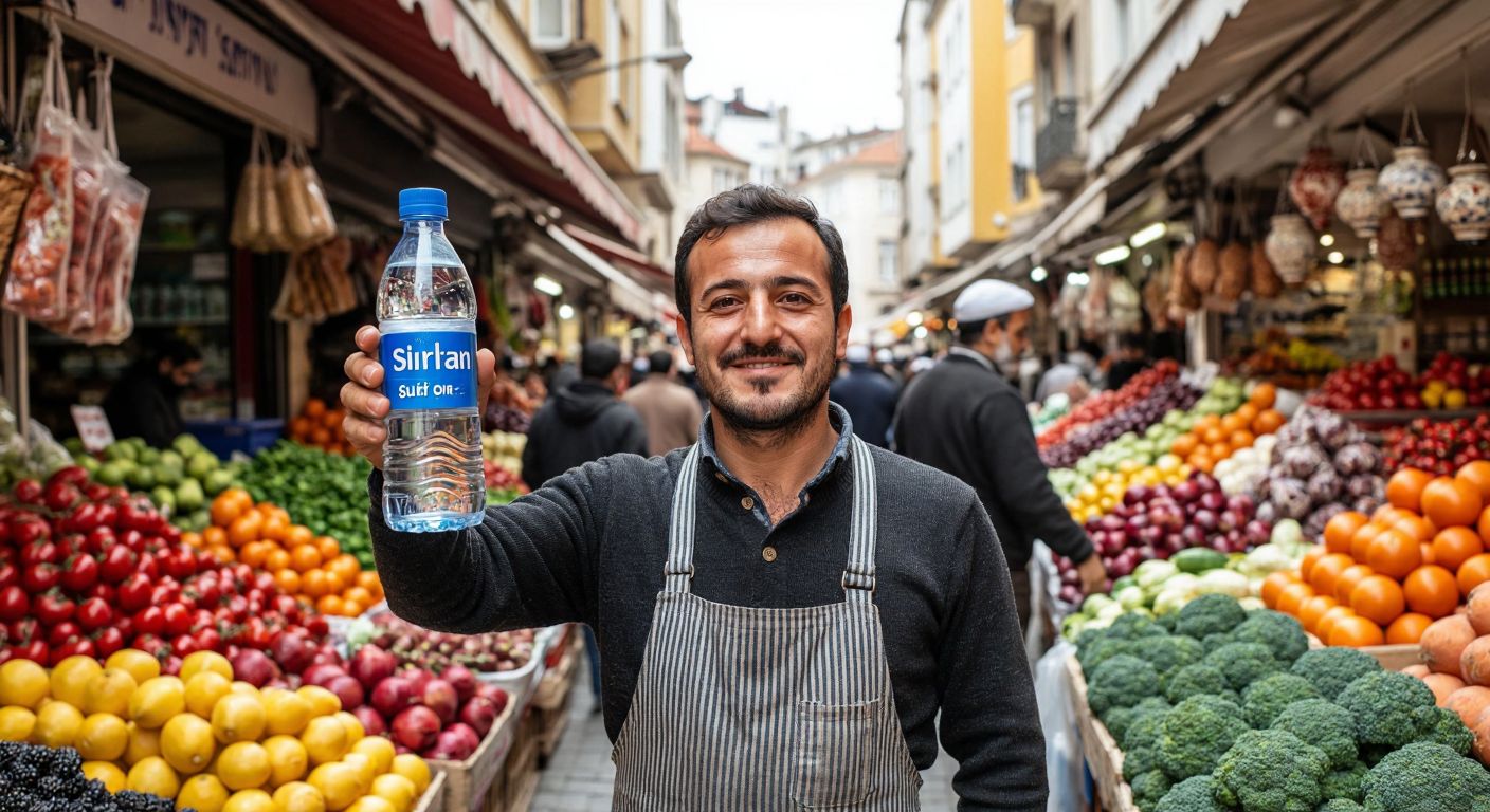 A proud Turkish vendor in a bustling Istanbul market holding up a clear bottle of Şırlan Su with a backdrop of colorful fresh produce and traditional Turkish ceramics.