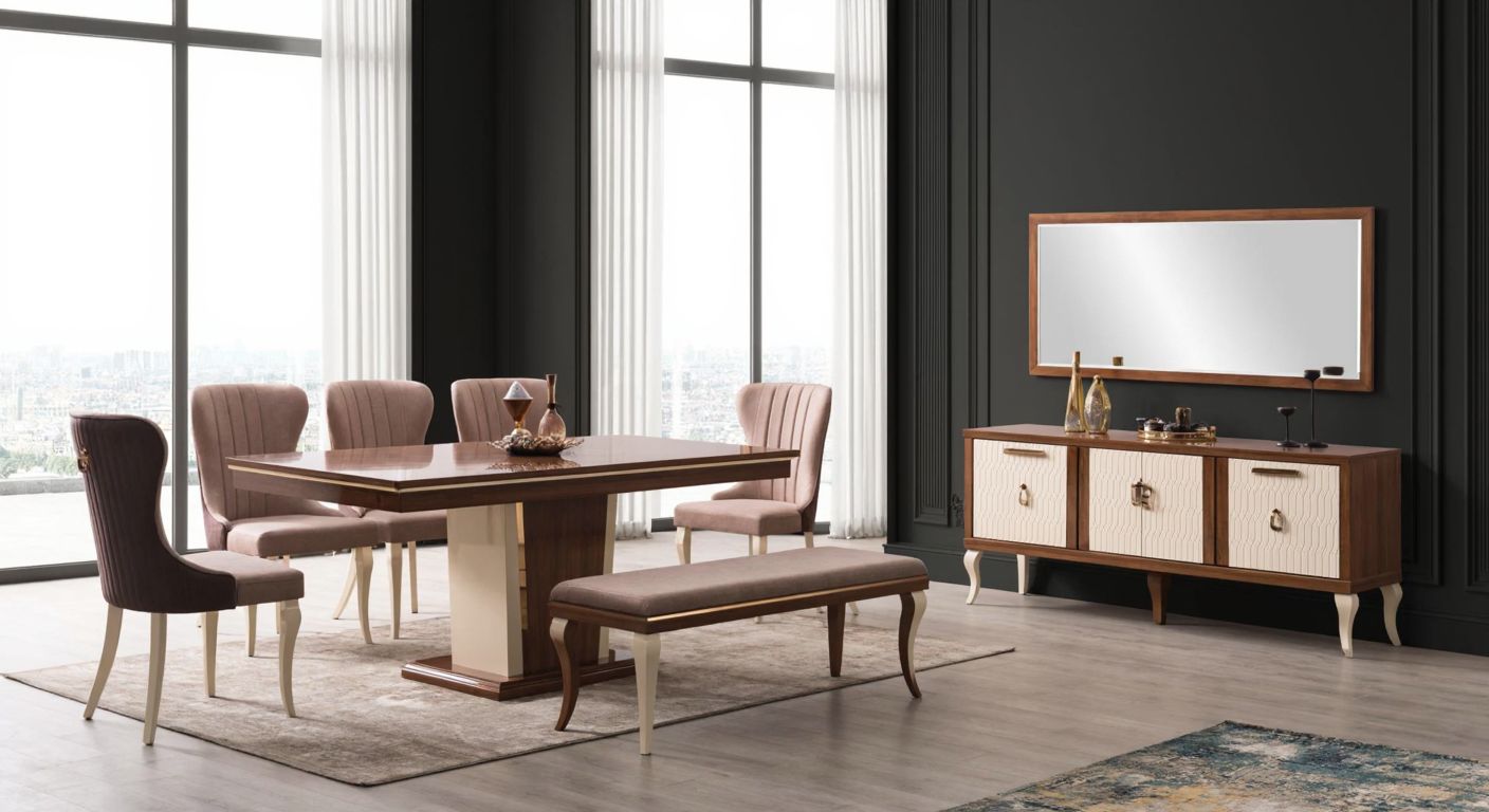 A modern Turkish dining room set with a glossy wooden table, four upholstered chairs, a matching bench, and an elegant console with a mirror, arranged in a sunlit home.