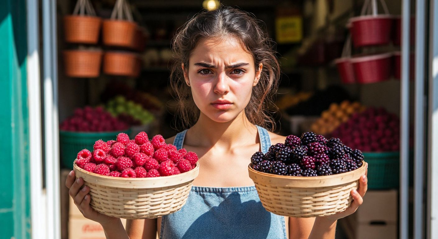 A young woman with a determined expression holds up two baskets—one filled with bright red raspberries (ahududu) and the other with deep purple blackberries (frambuaz)—against a sunlit Turkish market backdrop.