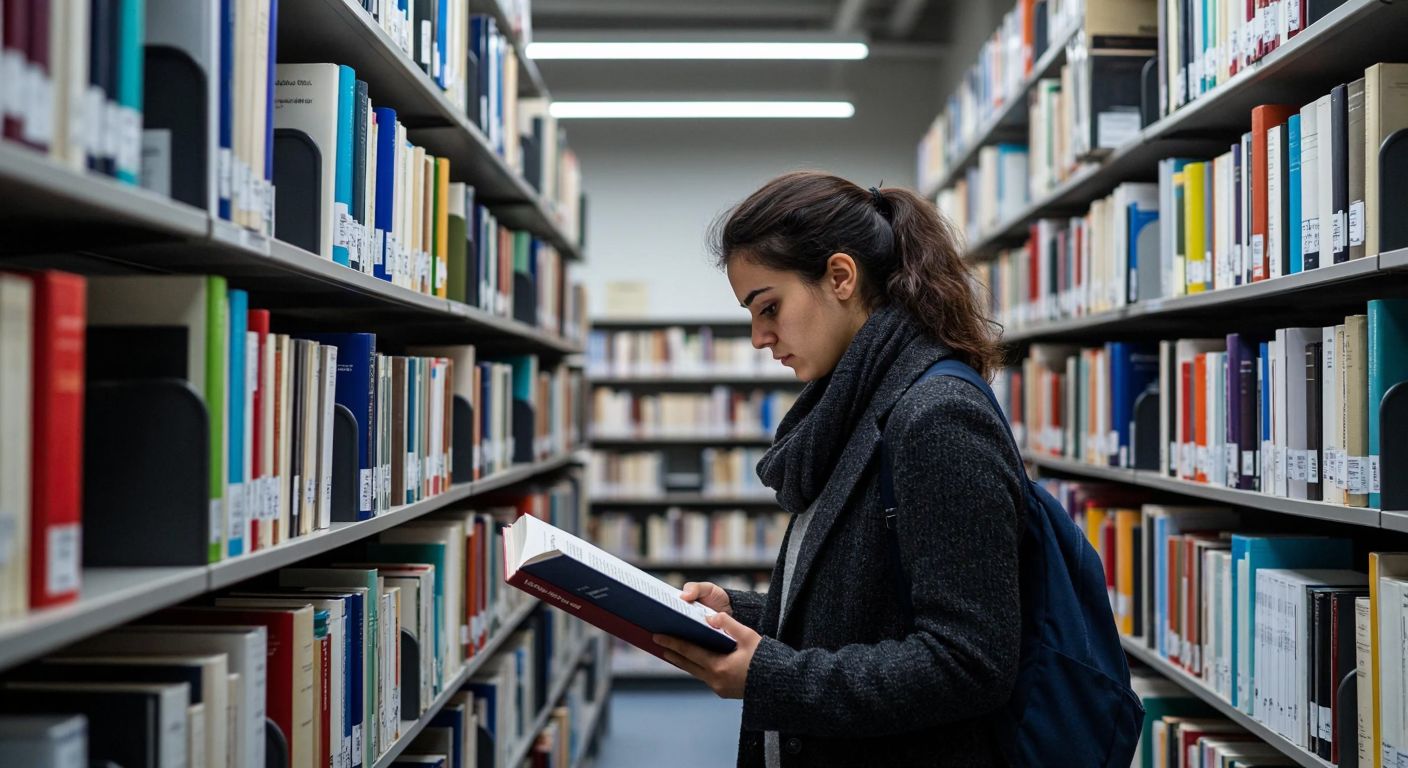 A focused researcher in a modern Turkish university library, surrounded by neatly stacked scientific journals with colorful covers, intently browsing through a selection of medical and biology publications.