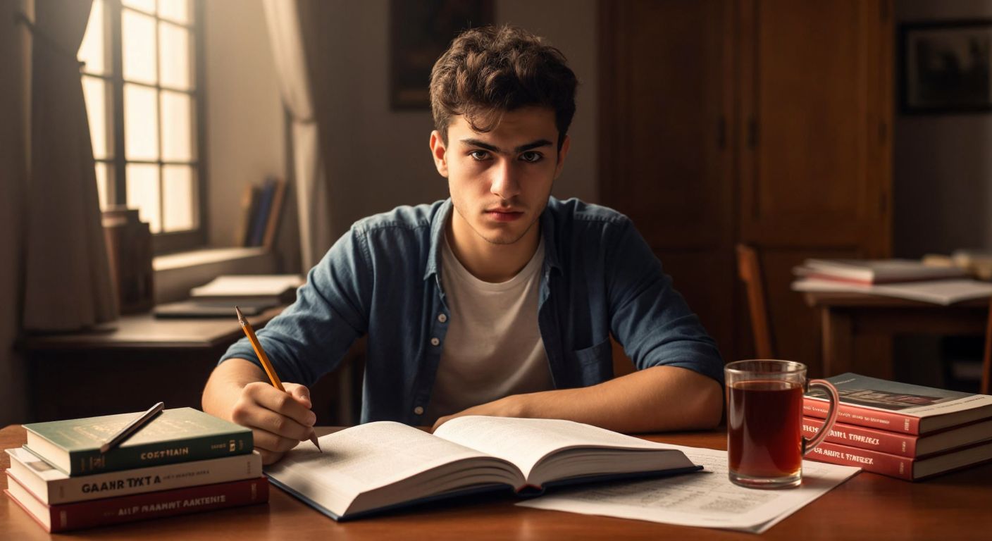 A focused Turkish student with a determined expression sits at a wooden desk, surrounded by open Çap TYT Matematik study books, a pencil in hand, and a steaming cup of Turkish tea nearby.