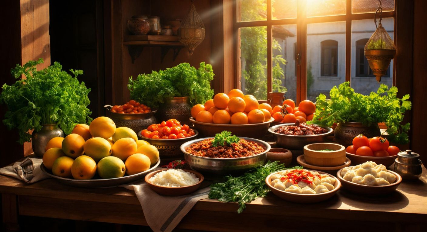 A vibrant wooden table in a Turkish kitchen is laden with an assortment of fresh foods starting with "M"—ripe mangoes, golden mandarins, bunches of parsley, a steaming bowl of mantı, and a plate of crispy mücver—surrounded by warm, inviting light.