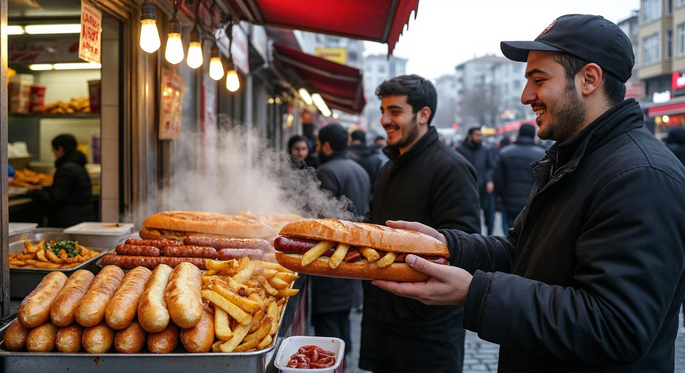 A bustling street food stall in Üsküdar, with a vendor handing a warm, golden-brown patso—a crispy baguette stuffed with fried potatoes and sausage—to a smiling student, steam rising from the sandwich against the backdrop of a lively Turkish market.