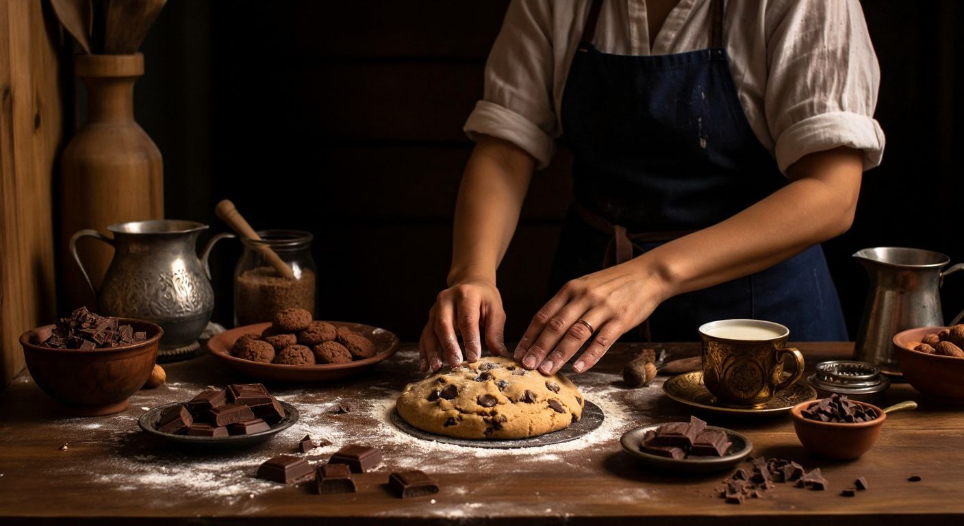 A warm Turkish kitchen with a wooden countertop, where hands knead chocolate-chip cookie dough on a floured surface, surrounded by ingredients like bitter chocolate cubes, brown sugar, and melted butter, with a traditional Turkish coffee cup nearby.