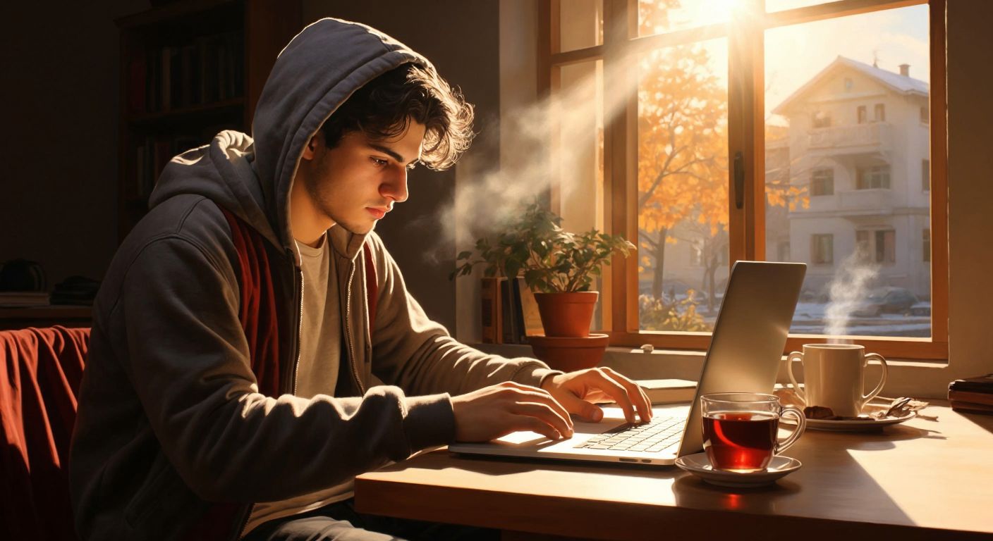 A young Turkish student in a university hoodie sits at a sunlit desk, typing on a laptop with focused determination, while a steaming cup of Turkish tea rests beside them, reflecting the glow of the screen.