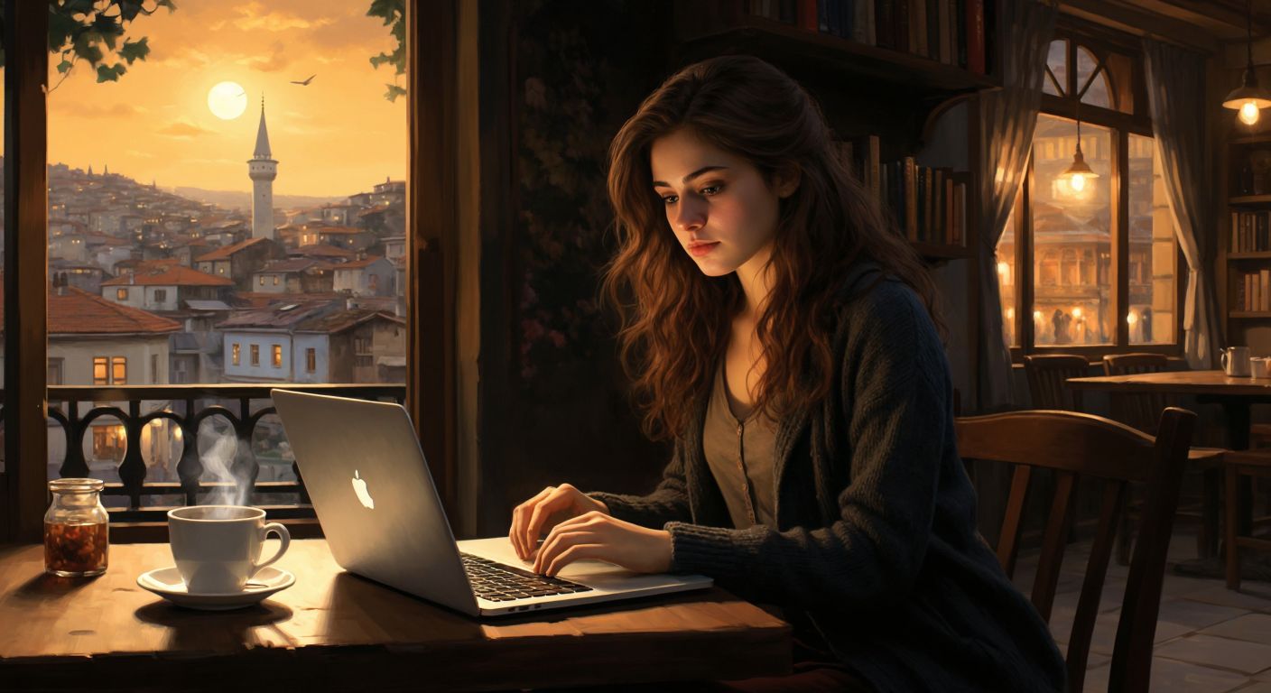A focused young woman in a cozy Turkish café, browsing a laptop with a steaming cup of çay beside her, while a shadowy bookshelf with a highlighted romance novel titled *O Gecenin Ardından* looms in the background.