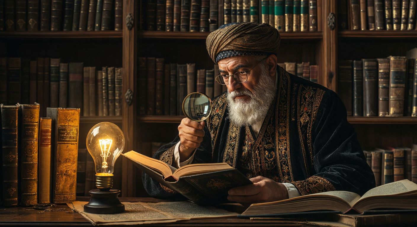 A thoughtful elderly Turkish scholar in a traditional library, surrounded by ancient books and holding a magnifying glass, gazes intently at a glowing lightbulb hovering above an open tome.